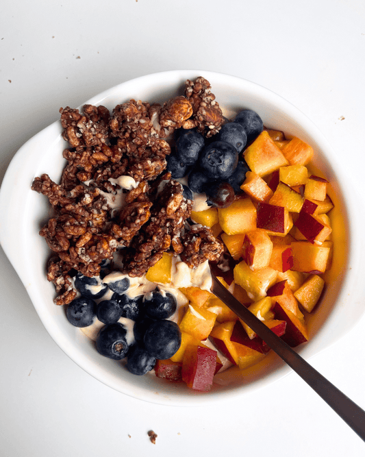 chocolate granola in a white bowl over yogurt with blueberries and peaches