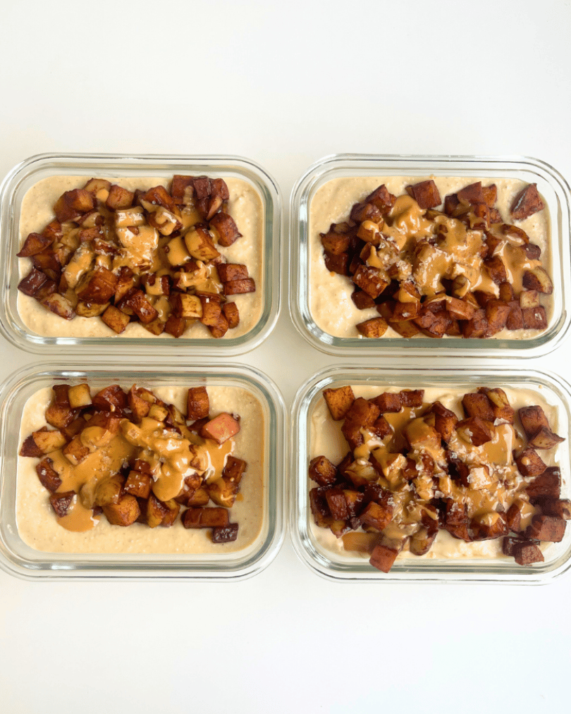 apple pie overnight oats meal prep in four glass containers