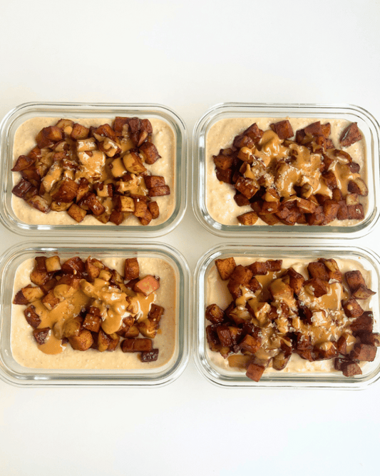 apple pie overnight oats meal prep in four glass containers
