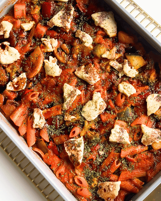 baked pasta with mediterranean flavours in one pan on a cooling rack
