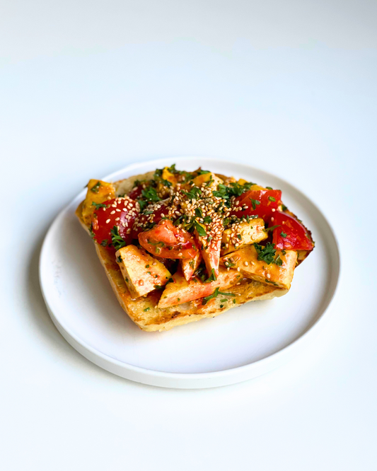 Spicy Tomato with Tofu "Egg" Patties on Toast