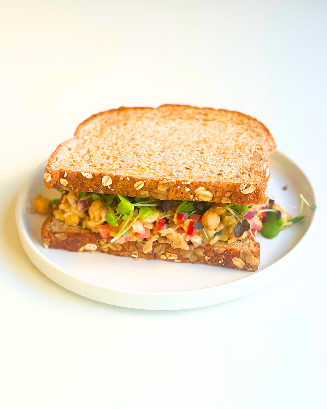 chickpea tuna salad in a sandwich