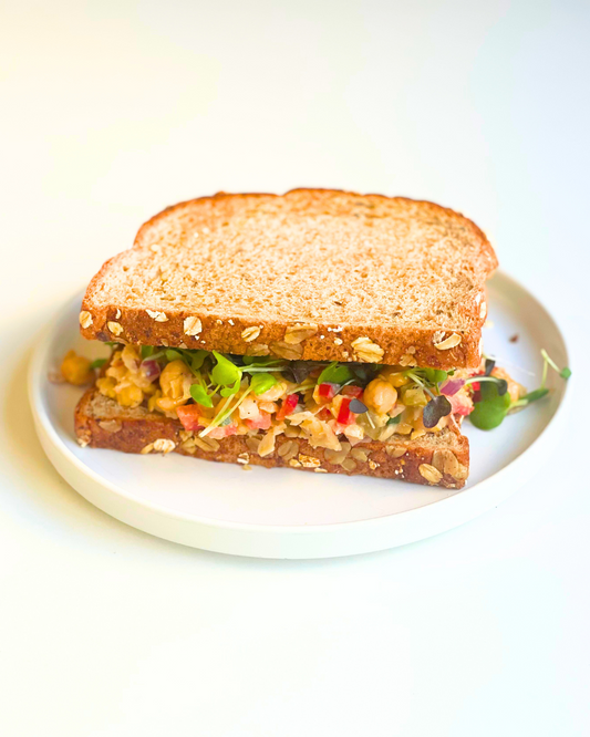 chickpea tuna salad in a sandwich