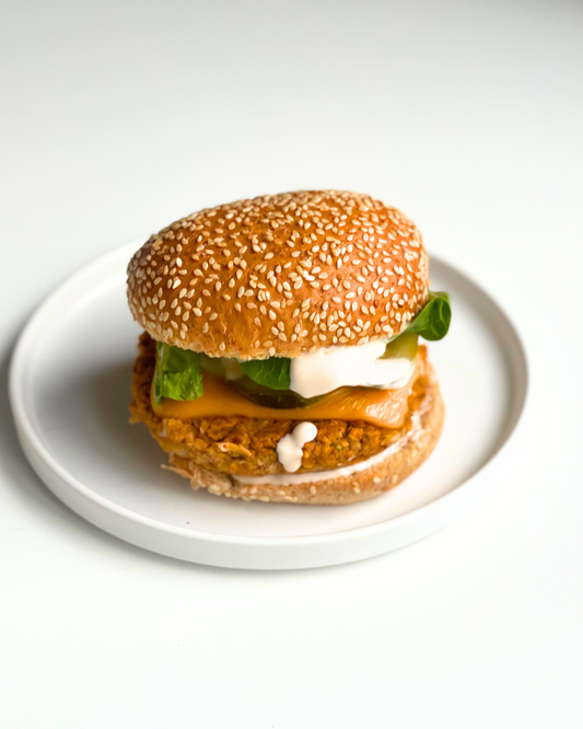 White Bean Jalapeno Burger in between sesame bun