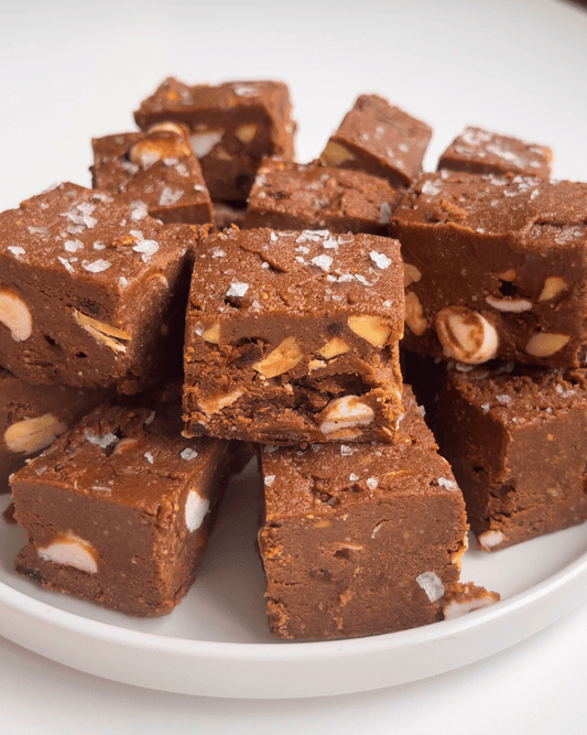 rocky road protein fudge squares on a white plate