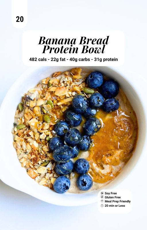Banana bread protein yogurt bowl in a white bowl with a macro information banner on top centre from the top 100 high protein vegan recipes ebook