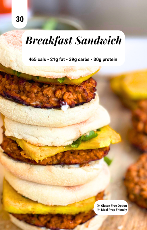 Stack of Breakfast Sandwiches with macro information banner on top centre from the top 100 high protein vegan recipes ebook