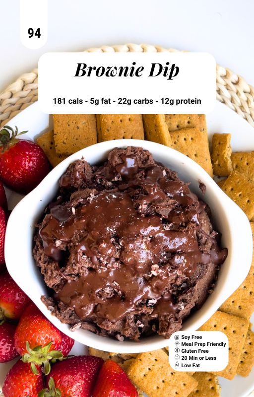 Brownie dip with macro information and strawberries and crackers on a white plate