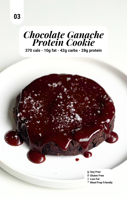Chocolate Ganache Protein Cookie on a white plate with macro information banner on top centre