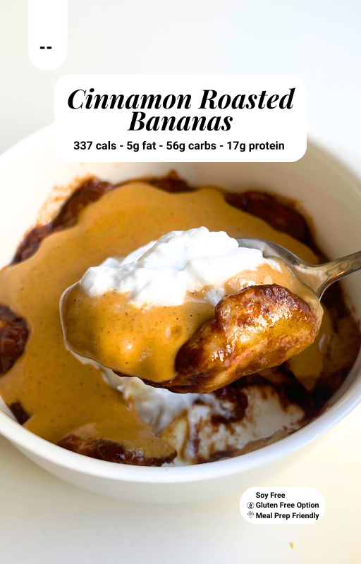 Spoonful of Cinnamon Roasted Bananas with bowl of low calorie vegan cinnamon roasted bananas on the background including macro information banner on the top and a soy free, gluten free and meal prep friendly sticker on the bottom right