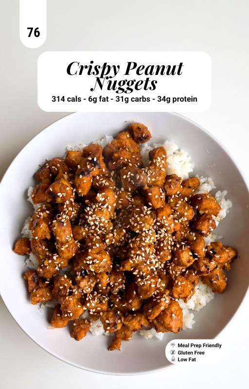 Crispy peanut nuggets on top of white rice in a white plate with a white background and a macro information banner on top centre