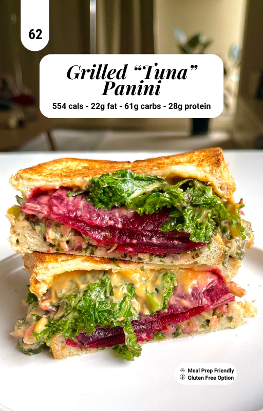Grilled Vegan Tuna Panini on a white plate with macro information banner on top centre
