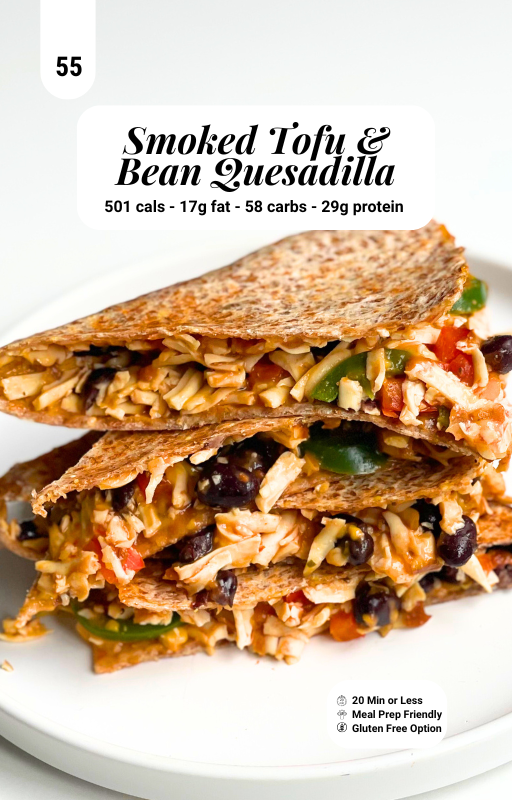 Stack of Smoked Tofu & Bean Quesadilla on a white plate with macro information banner n top centre