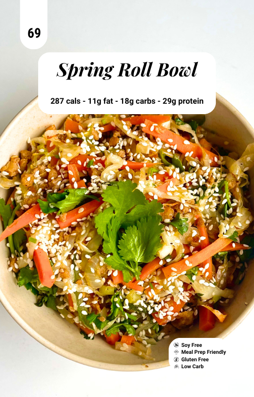 Spring Roll Bowl with macro information and a cilantro on top in a beige bowl