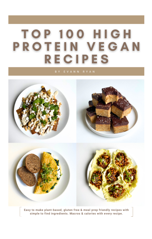 Cover page for the Top 100 High Protein Vegan Recipes Ebook with Four different high protein vegan meals in the centre