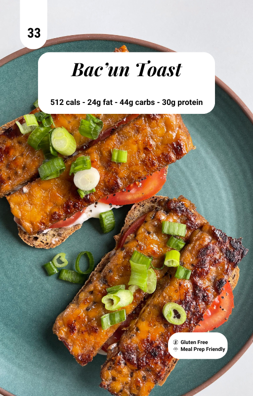 Vegan Bacon Toast on a green plate with macro information banner on top centre