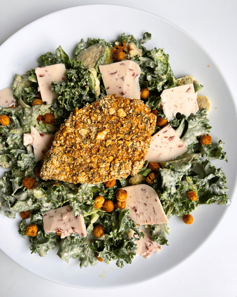 vegan caesar salad with crispy baked tofu chicken