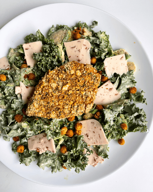 vegan caesar salad with crispy baked tofu chicken