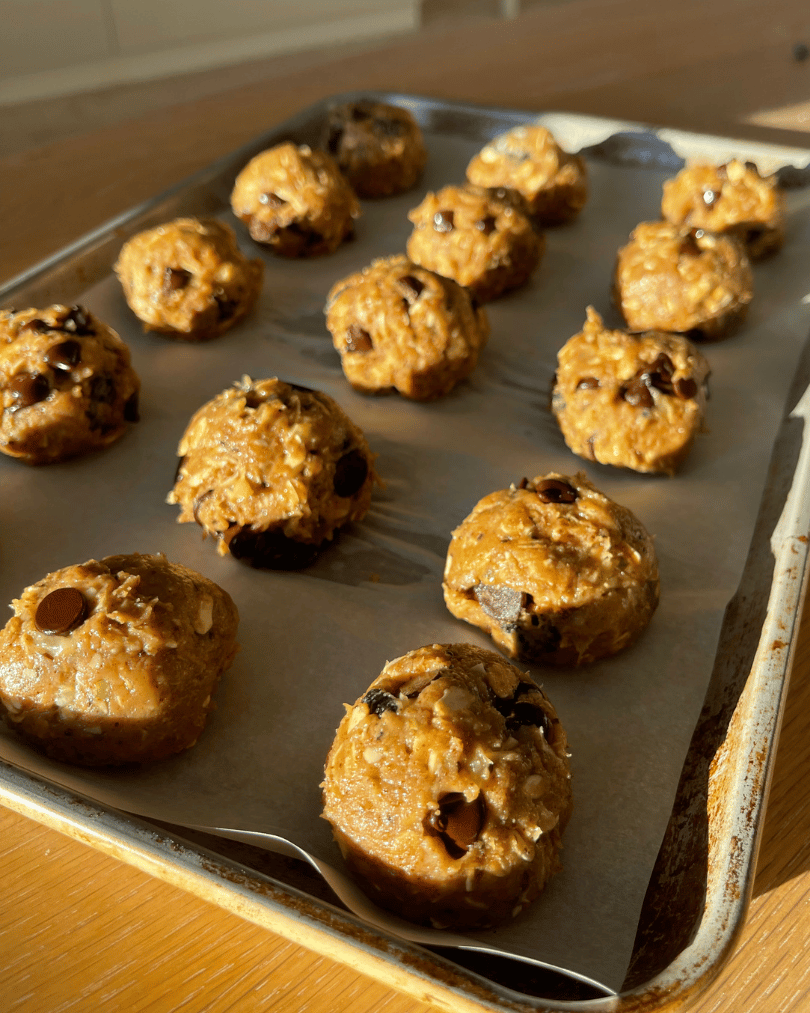 flourless protein cookies on a tray ready for the oven