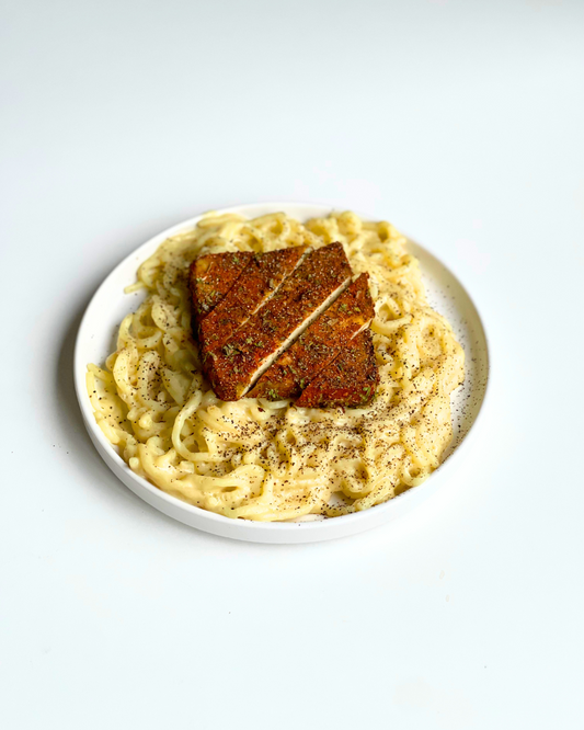 Alfredo Pasta with Blackened Tofu