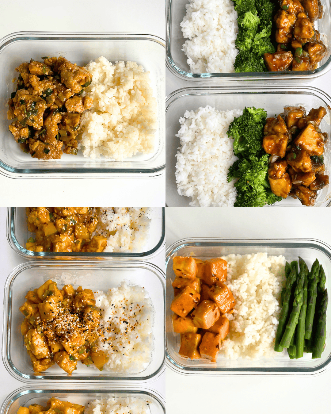 high protein vegan meal prep meals in glass containers