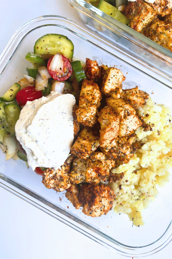 high protein vegan meal prep recipe greek bowls in two glass containers