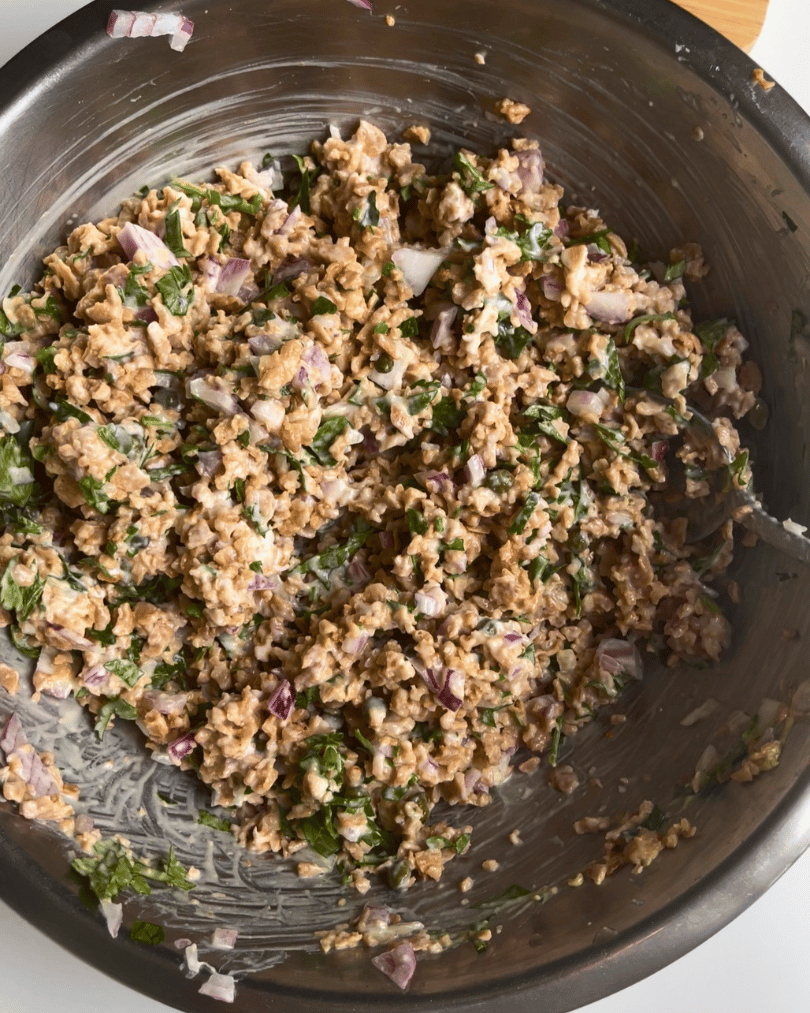 high protein vegan tuna salad in a metal bowl