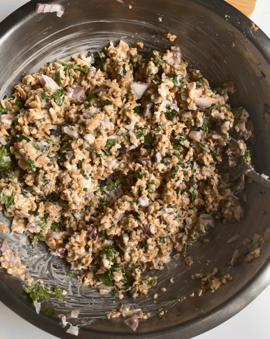 high protein vegan tuna salad in a metal bowl