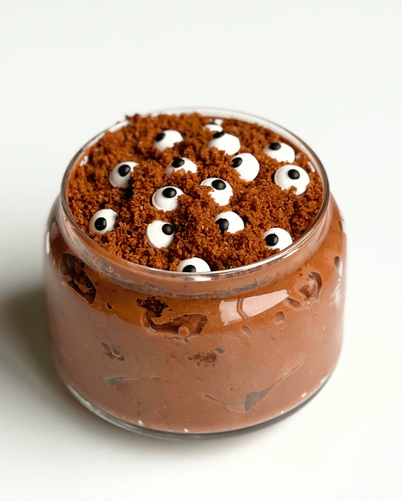 vegan dirt cake in a glass jar with a white background