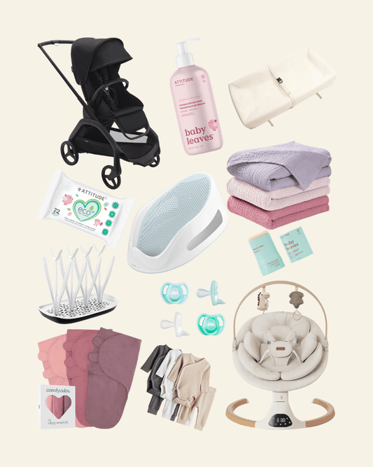 vegan first-time mom pregnancy purchases essentials list in a collage