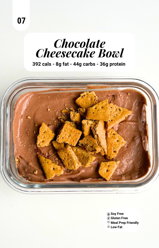 Chocolate Cheesecake bowl in a glass container with macro information on a white background