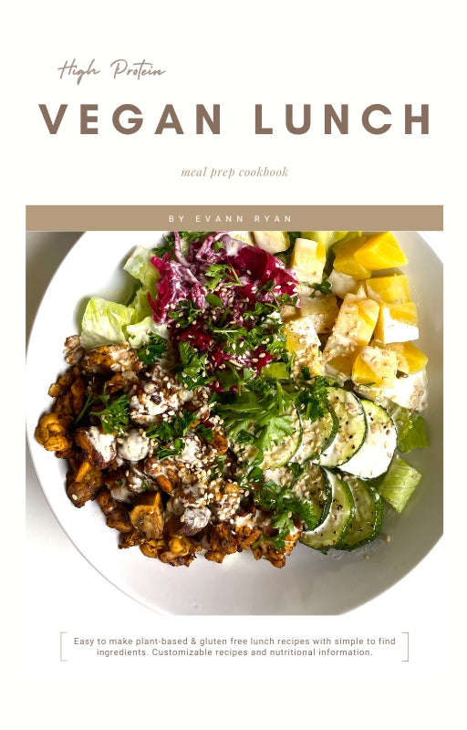 Cover page for the high protein vegan lunch recipes ebook featuring a salad on a white plate