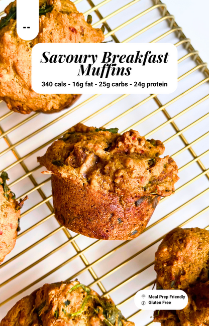 Savoury Breakfast muffins on a gold baking rack with macro information on a white background