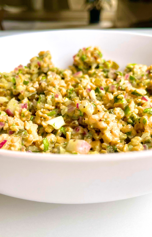 Vegan tuna salad in a white bowl